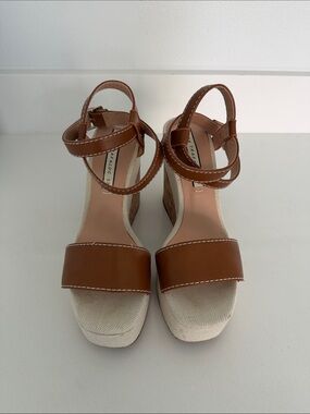Zara Tan Leather Ankle-Strap Wedge Sandals